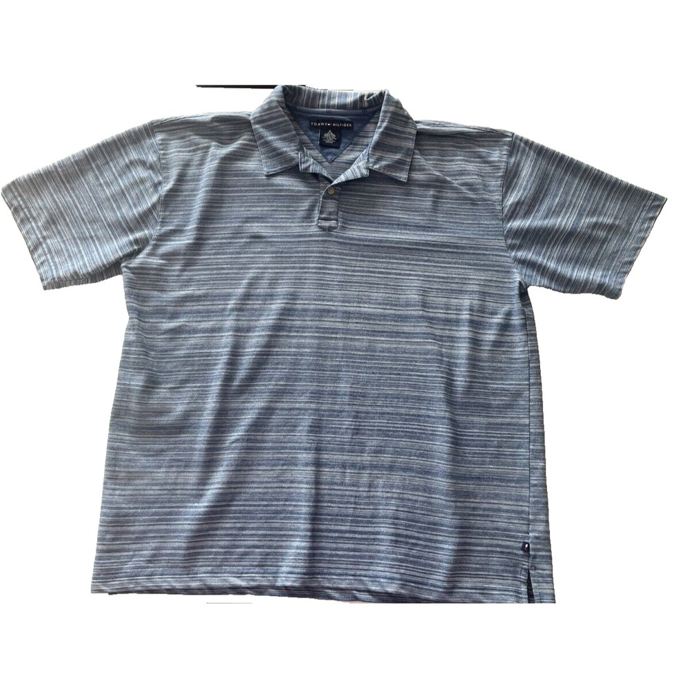 Tommy‎ Hilfiger Men's Size XL Short Sleeve Polo Blue Heather Stripe Button